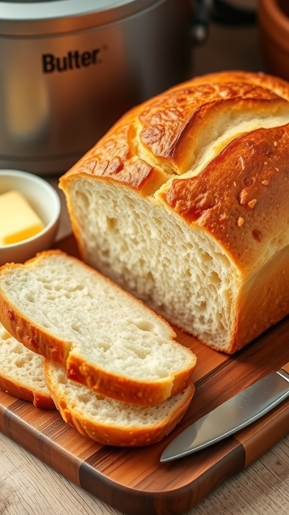 Freshly baked bread from a bread machine, sliced on a cutting board with butter.